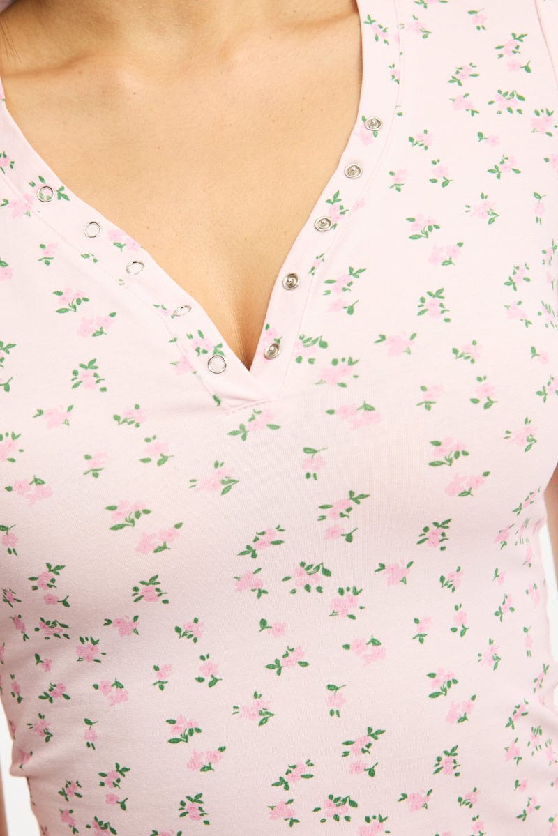 Pink Ditsy Henley Top Short Sleeve for Ally Fashion