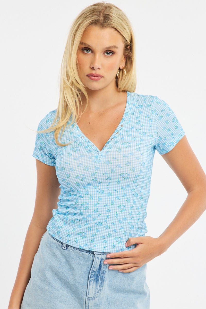 Blue Check Henley Top Short Sleeve for Ally Fashion