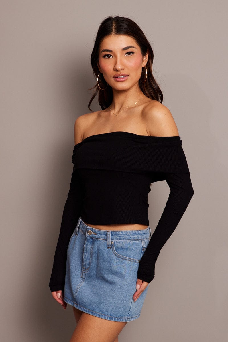 Black Off Shoulder Top Long Sleeve for Ally Fashion