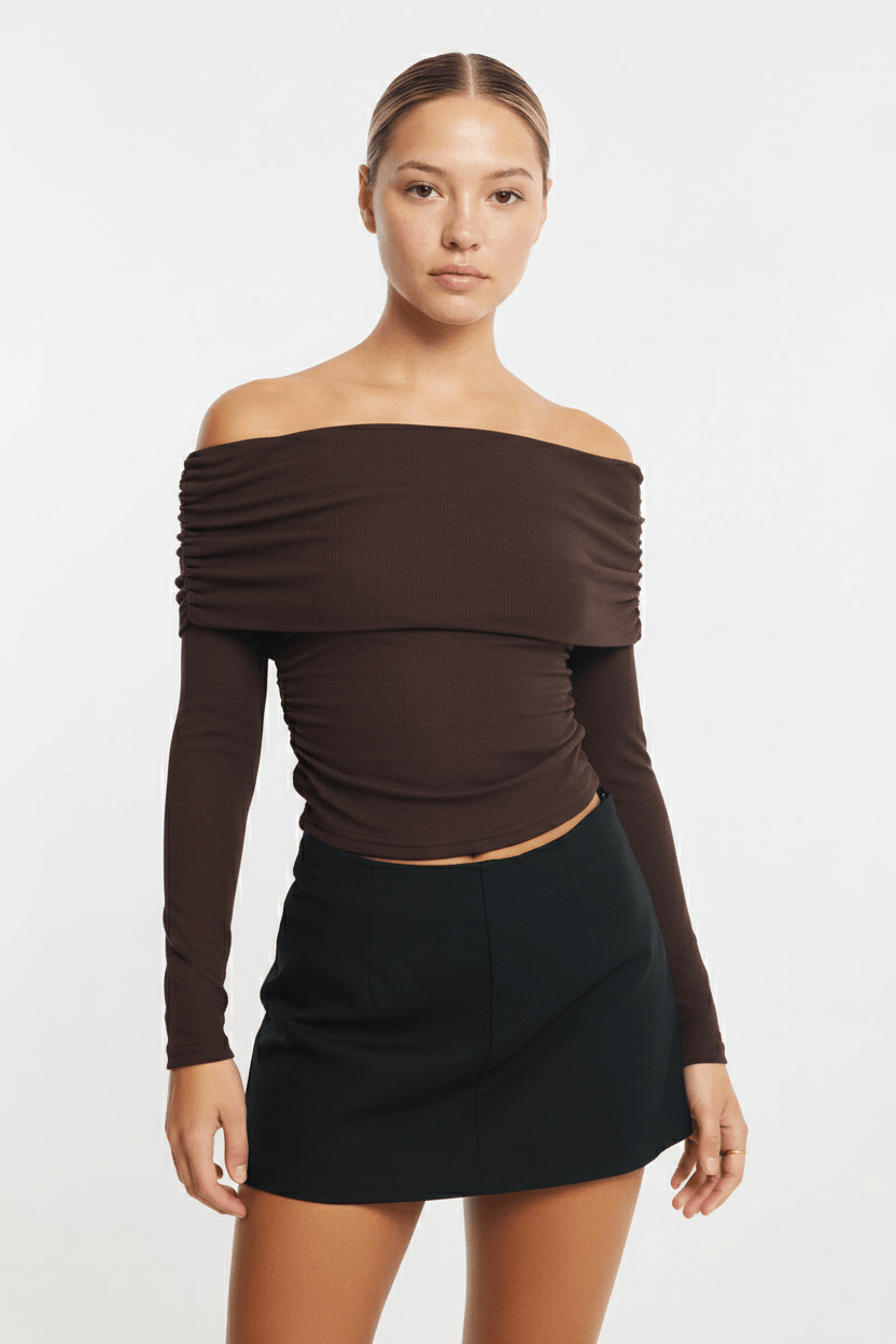 Brown Off Shoulder Top Long Sleeve