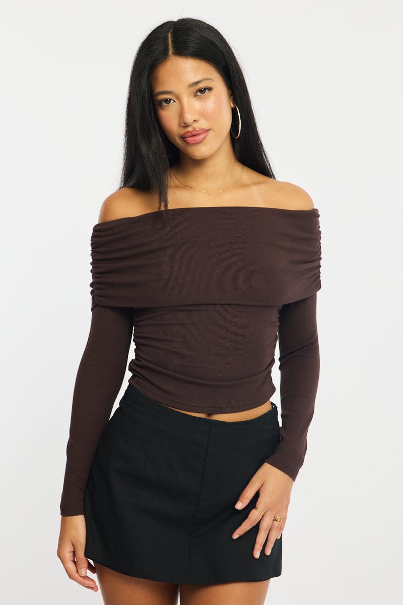 Brown Off Shoulder Top Long Sleeve for Ally Fashion