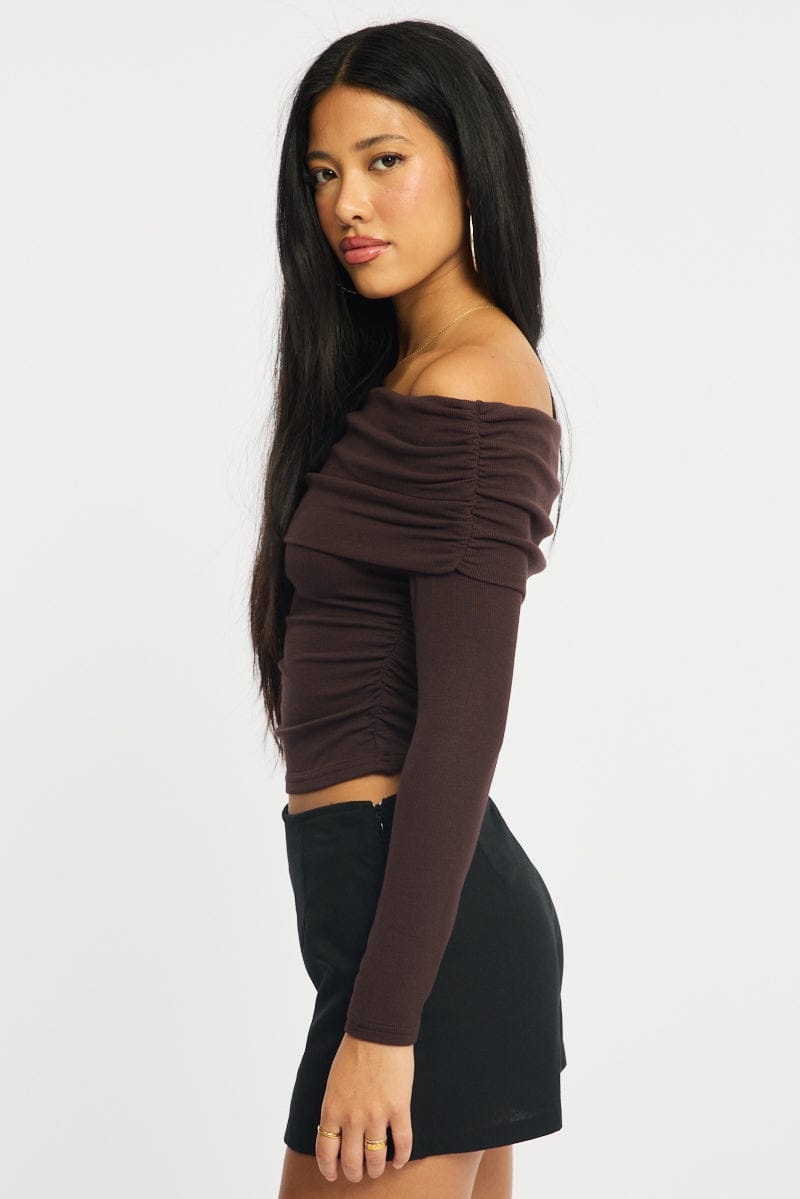 Brown Off Shoulder Top Long Sleeve for Ally Fashion