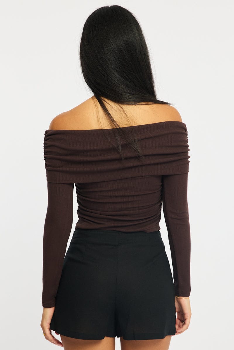 Brown Off Shoulder Top Long Sleeve for Ally Fashion