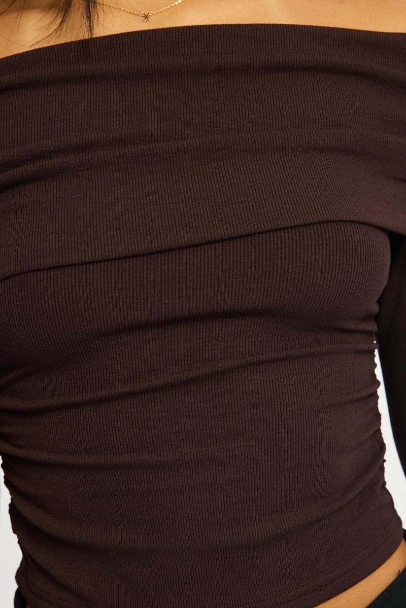 Brown Off Shoulder Top Long Sleeve for Ally Fashion