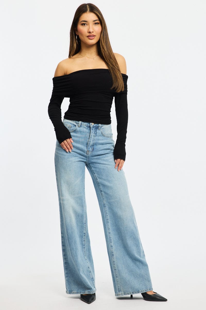 Black Off Shoulder Top Side Ruched Long Sleeve for Ally Fashion