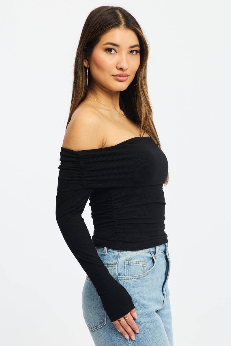 Black Off Shoulder Top Side Ruched Long Sleeve for Ally Fashion