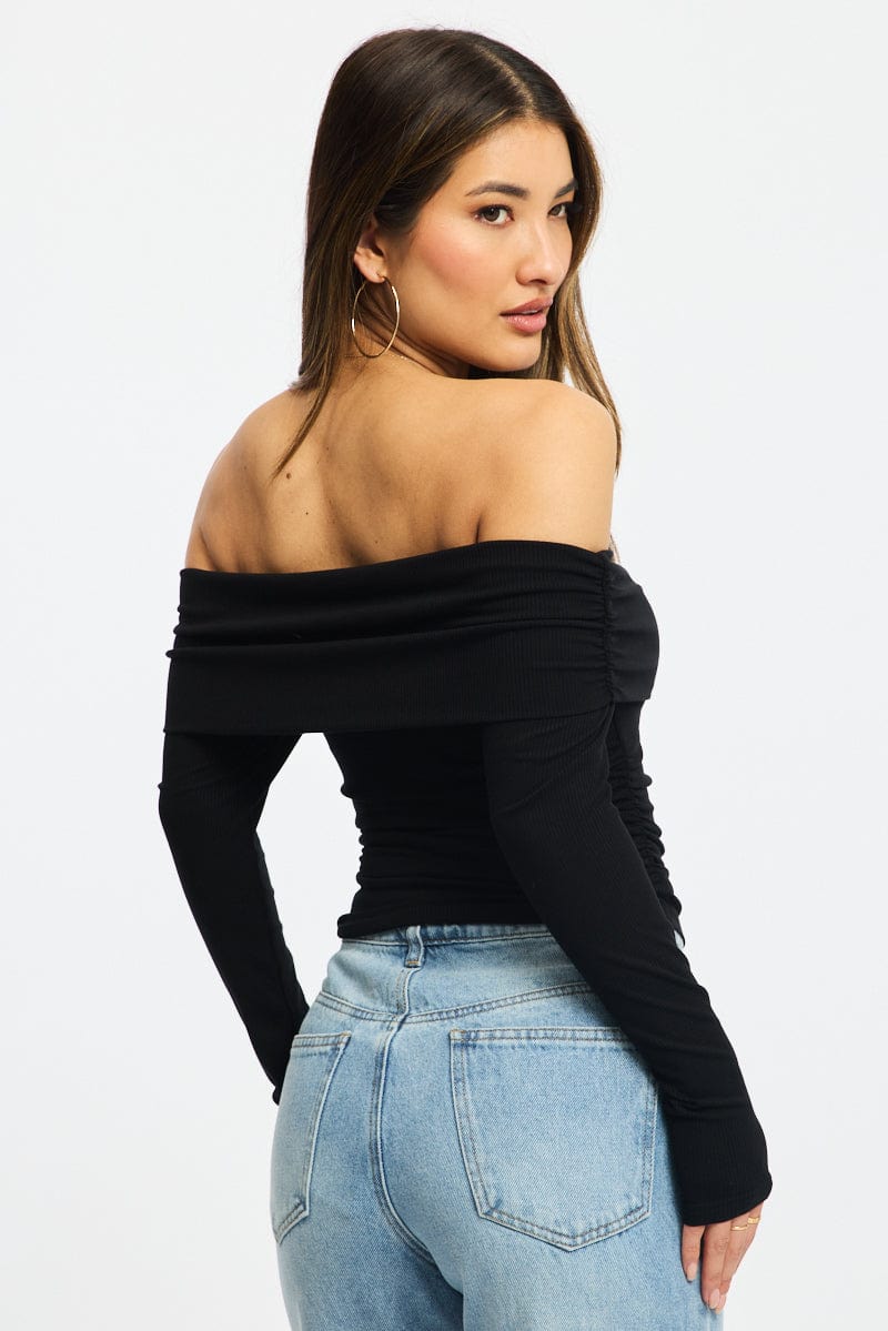 Black Off Shoulder Top Side Ruched Long Sleeve for Ally Fashion