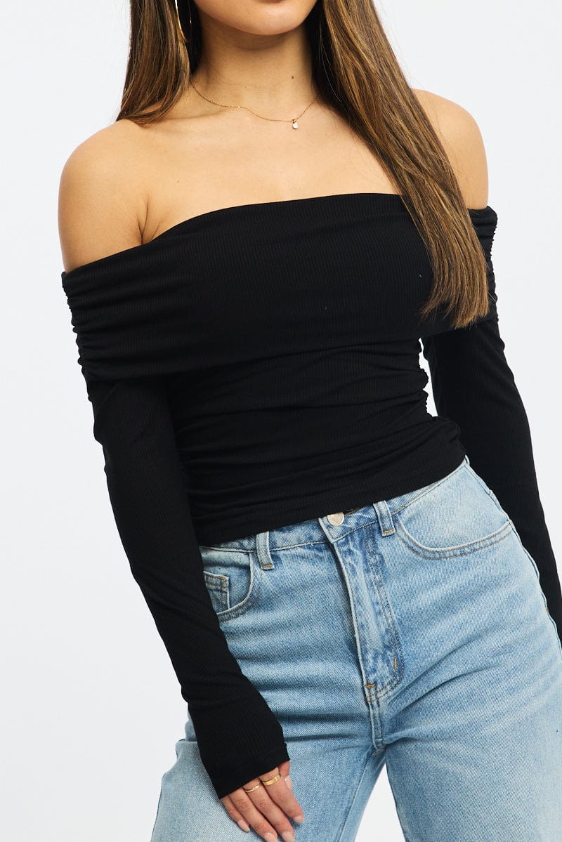 Black Off Shoulder Top Side Ruched Long Sleeve for Ally Fashion