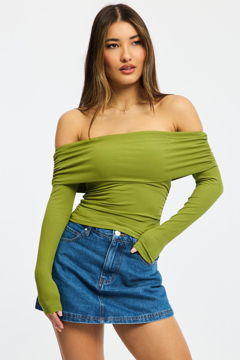 Green Off Shoulder Top Side Ruched Long Sleeve for Ally Fashion