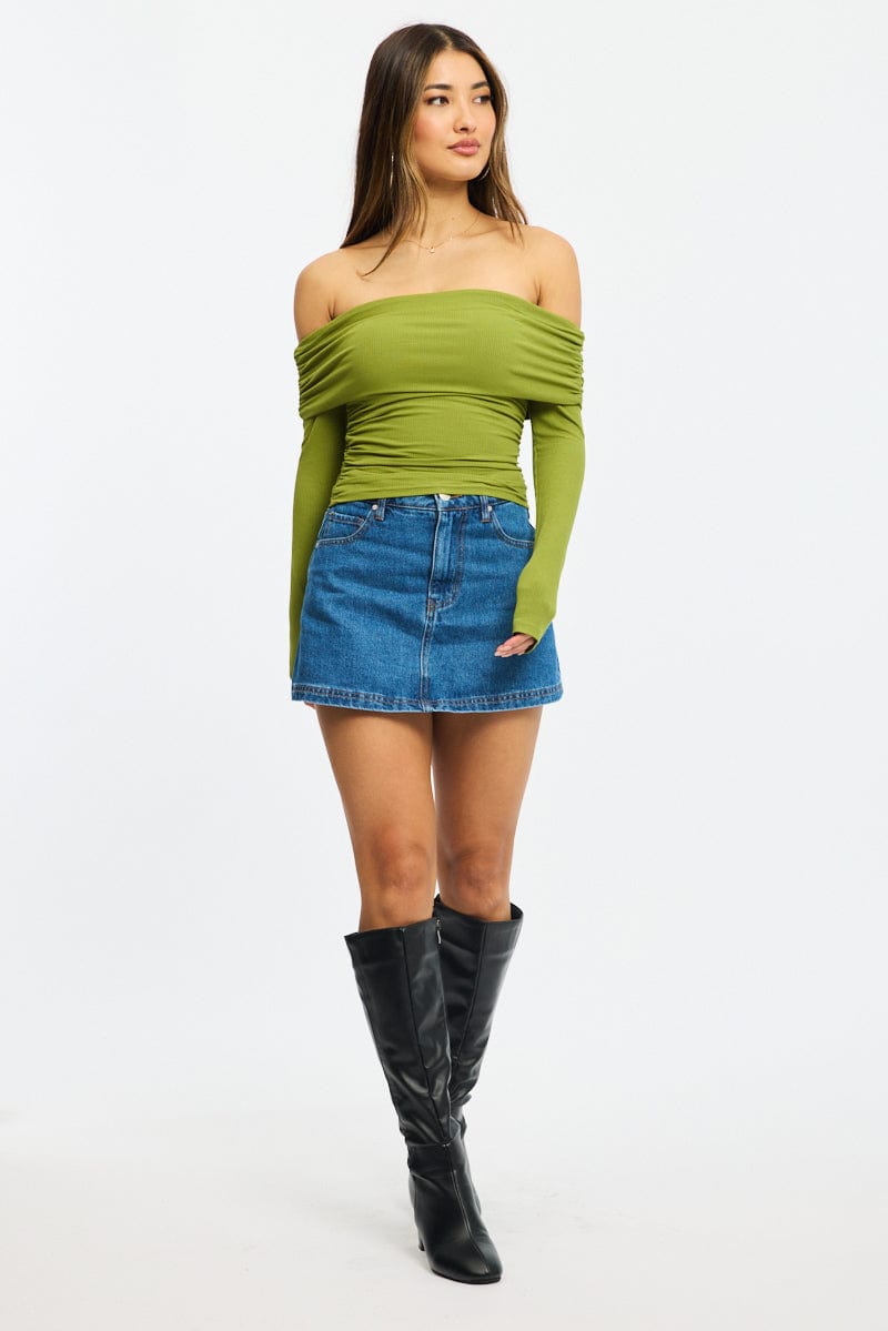 Green Off Shoulder Top Side Ruched Long Sleeve for Ally Fashion