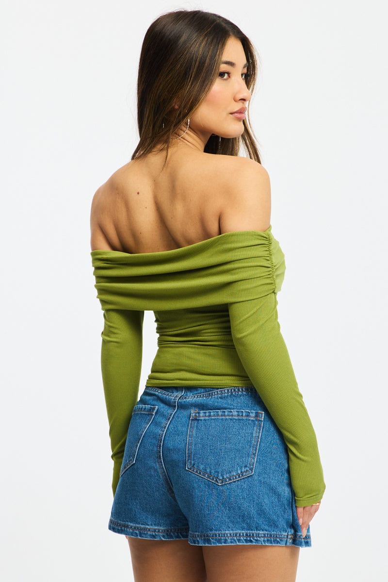 Green Off Shoulder Top Side Ruched Long Sleeve for Ally Fashion