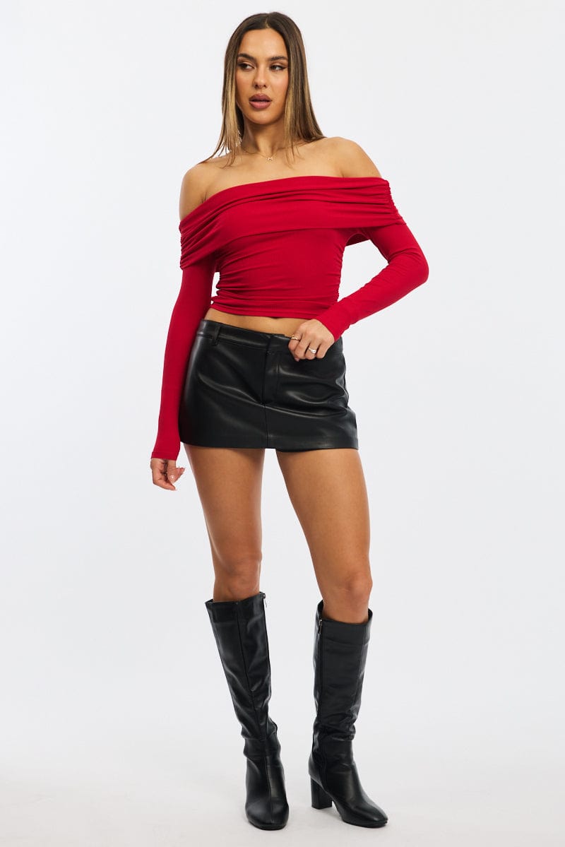 Red Off Shoulder Top Side Ruched Long Sleeve for Ally Fashion
