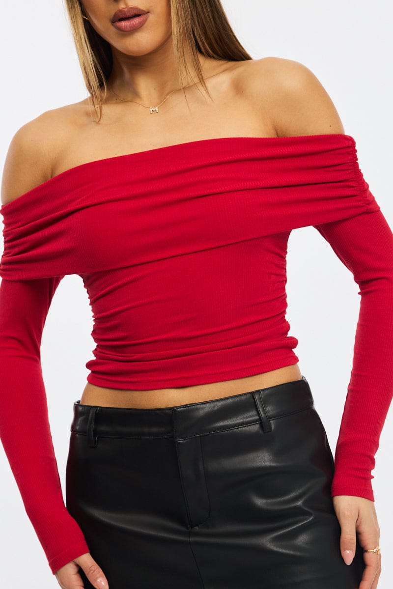 Red Off Shoulder Top Side Ruched Long Sleeve for Ally Fashion