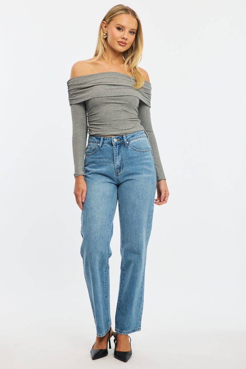 Grey Off Shoulder Top Side Ruched Long Sleeve for Ally Fashion