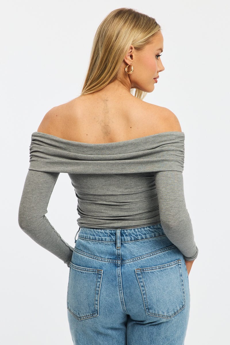 Grey Off Shoulder Top Side Ruched Long Sleeve for Ally Fashion