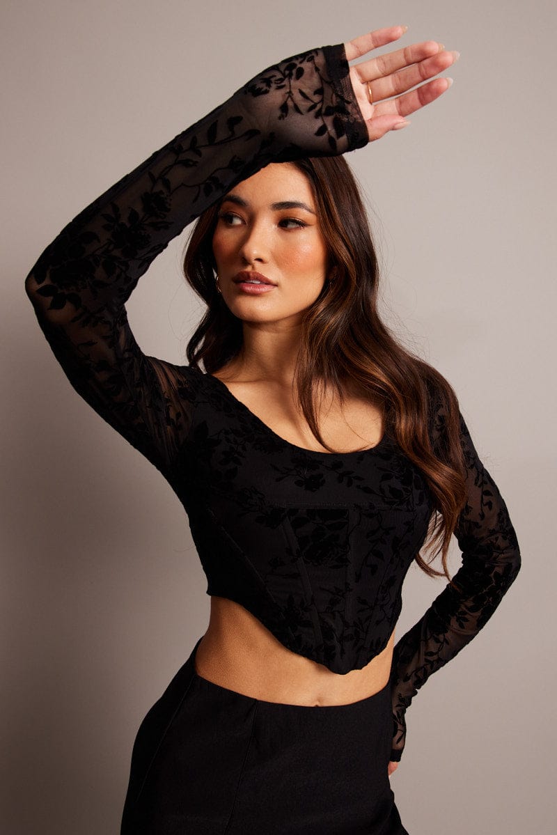 Black Corset Top Long Sleeve for Ally Fashion