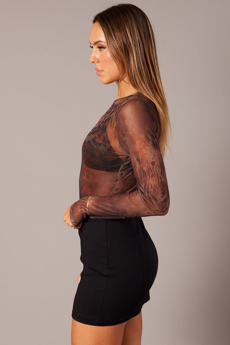 Brown Abstract Mesh Bodysuit Long Sleeve for Ally Fashion