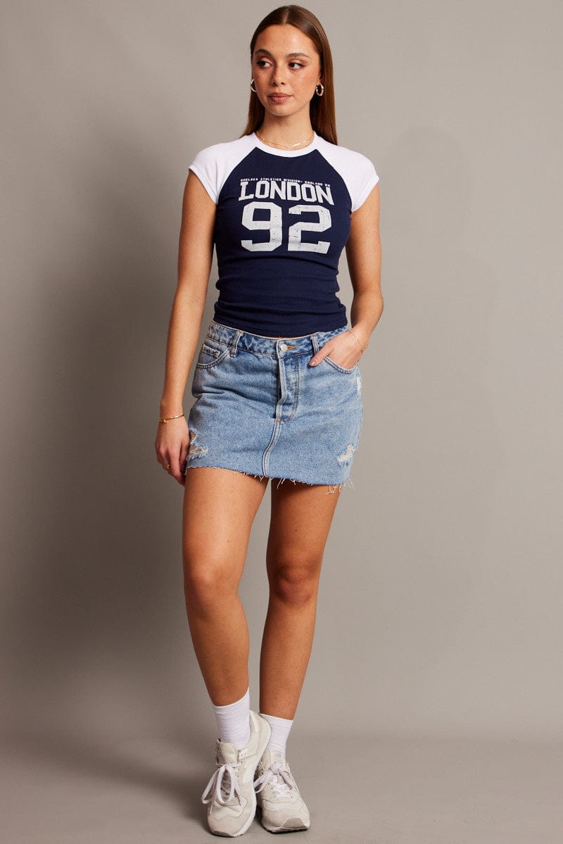 Blue Graphic Tee Raglan Short Sleeve for Ally Fashion