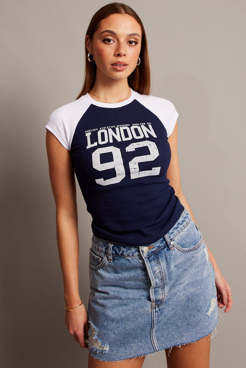 Blue Graphic Tee Raglan Short Sleeve for Ally Fashion