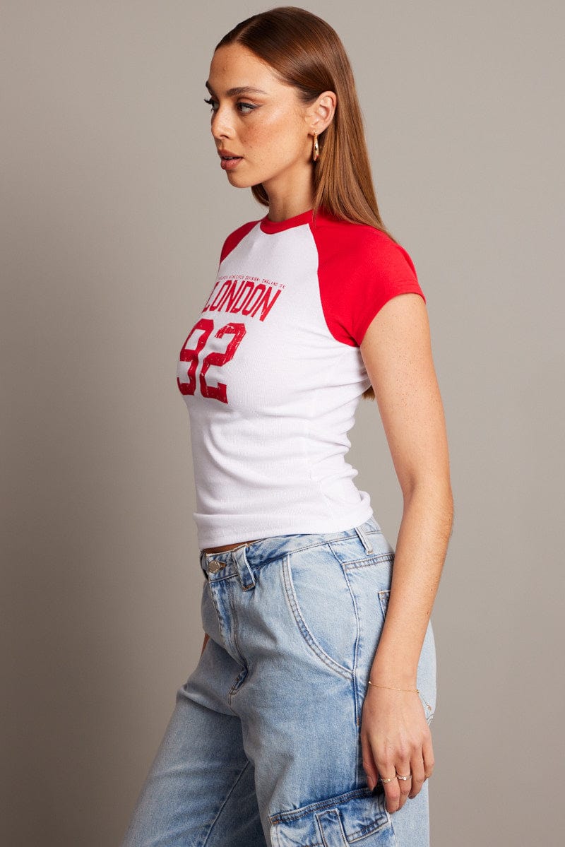 Red Graphic Tee Raglan Short Sleeve for Ally Fashion