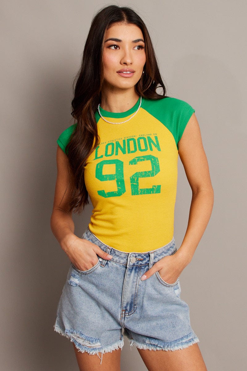 Yellow Graphic Tee Raglan Short Sleeve for Ally Fashion