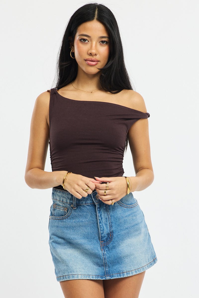 Brown One-Shoulder Bodysuit from Ally Fashion