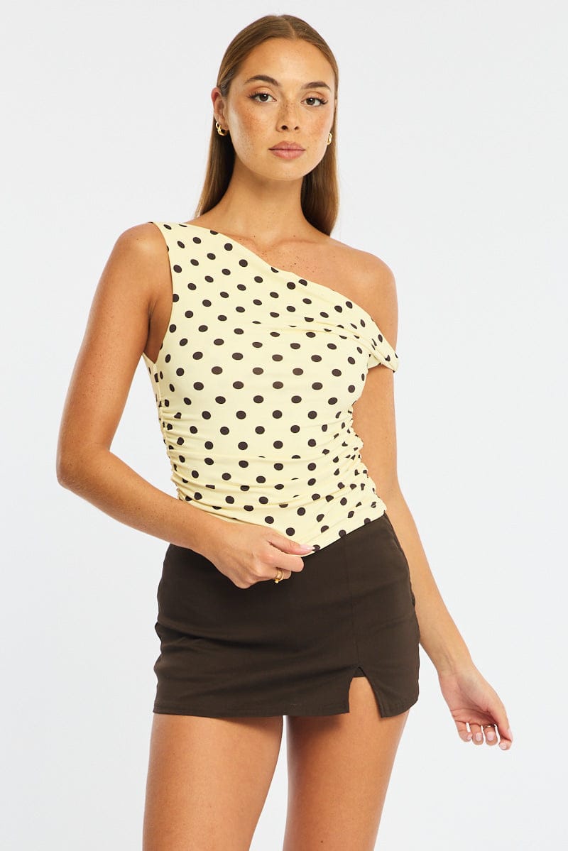 Yellow Polka Dot One Shoulder Twist Top for Ally Fashion
