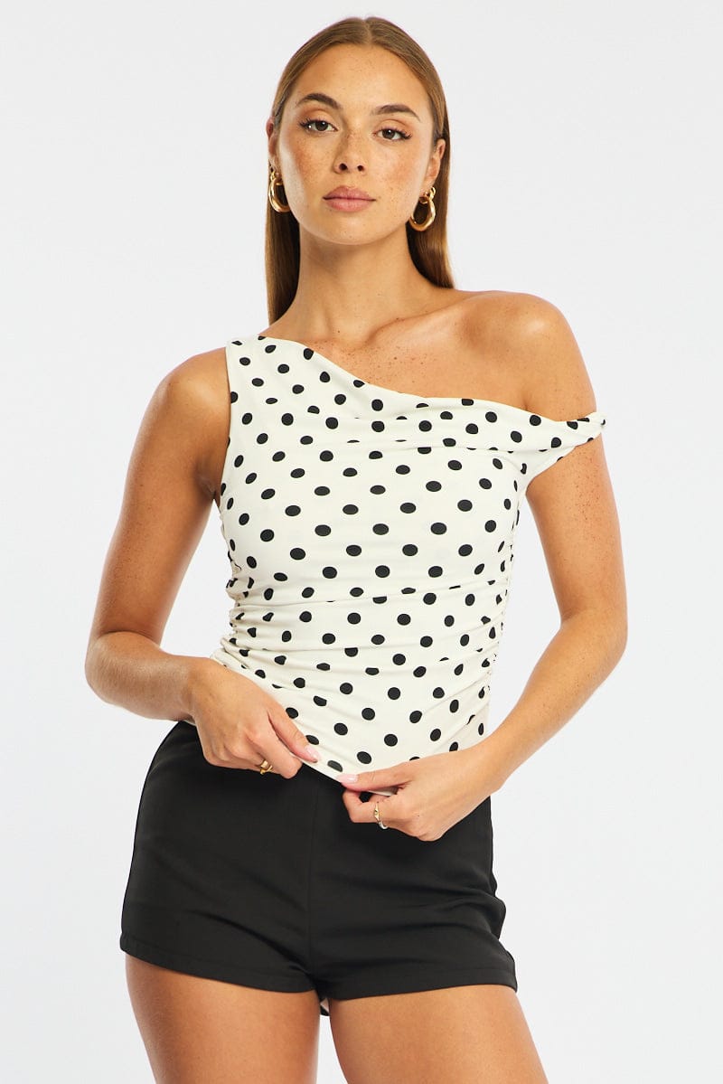 White Polka Dot One Shoulder Twist Top for Ally Fashion