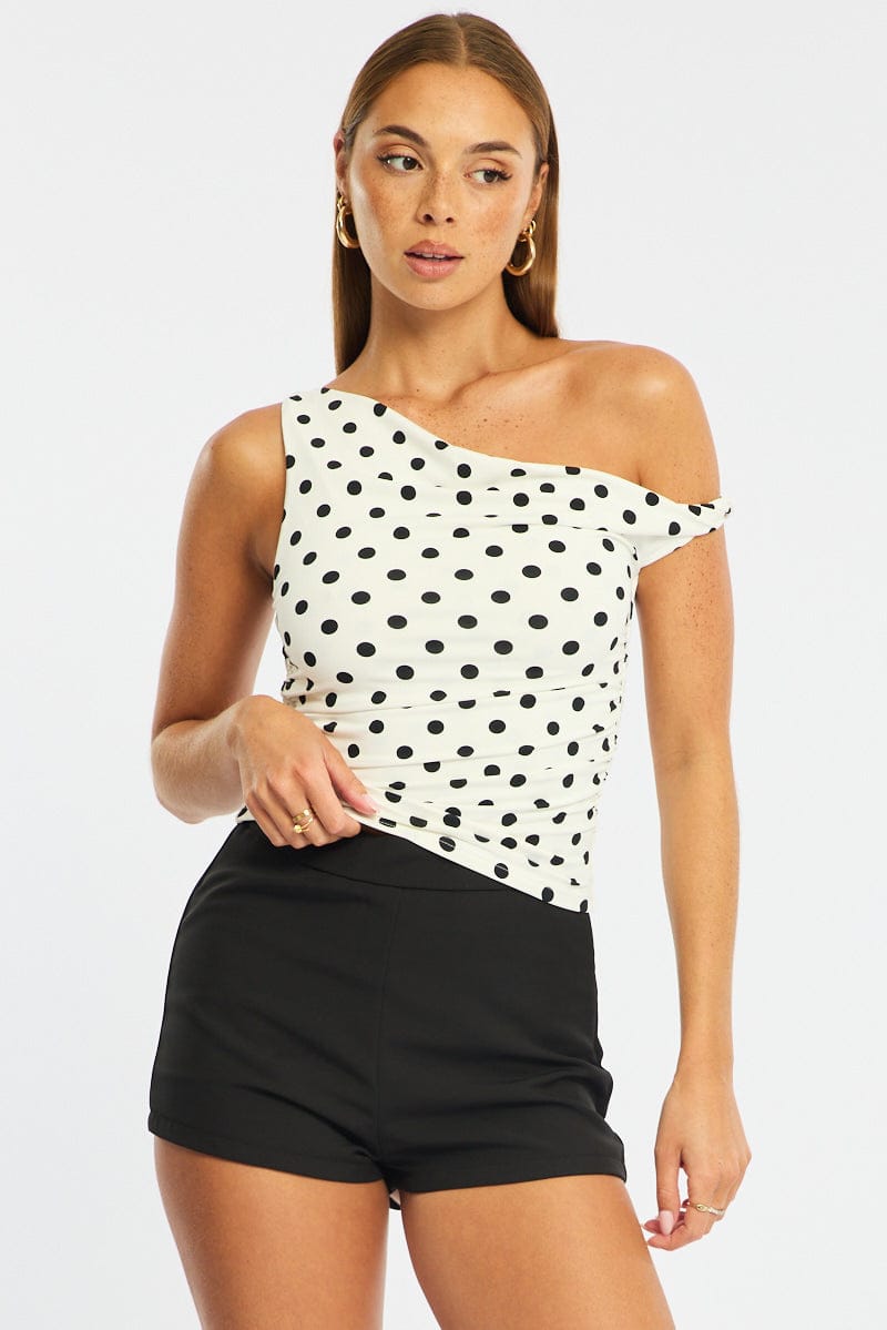 White Polka Dot One Shoulder Twist Top for Ally Fashion