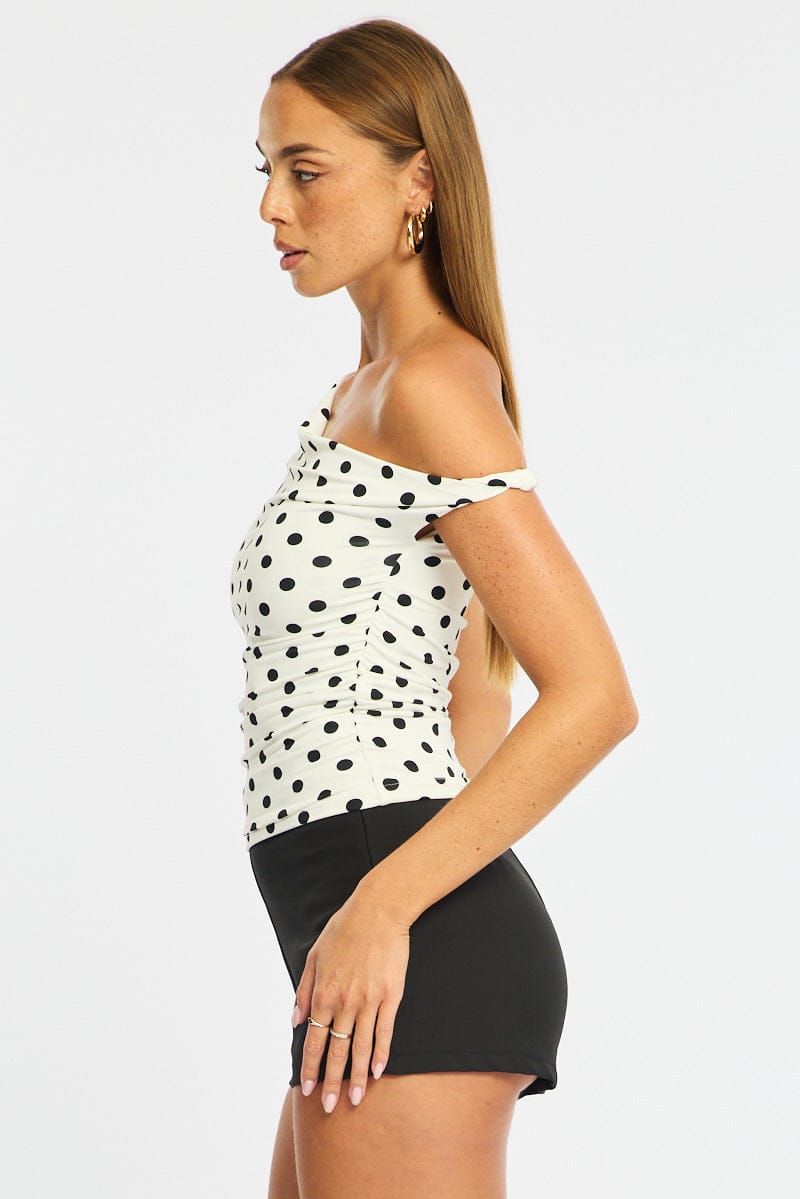 White Polka Dot One Shoulder Twist Top for Ally Fashion