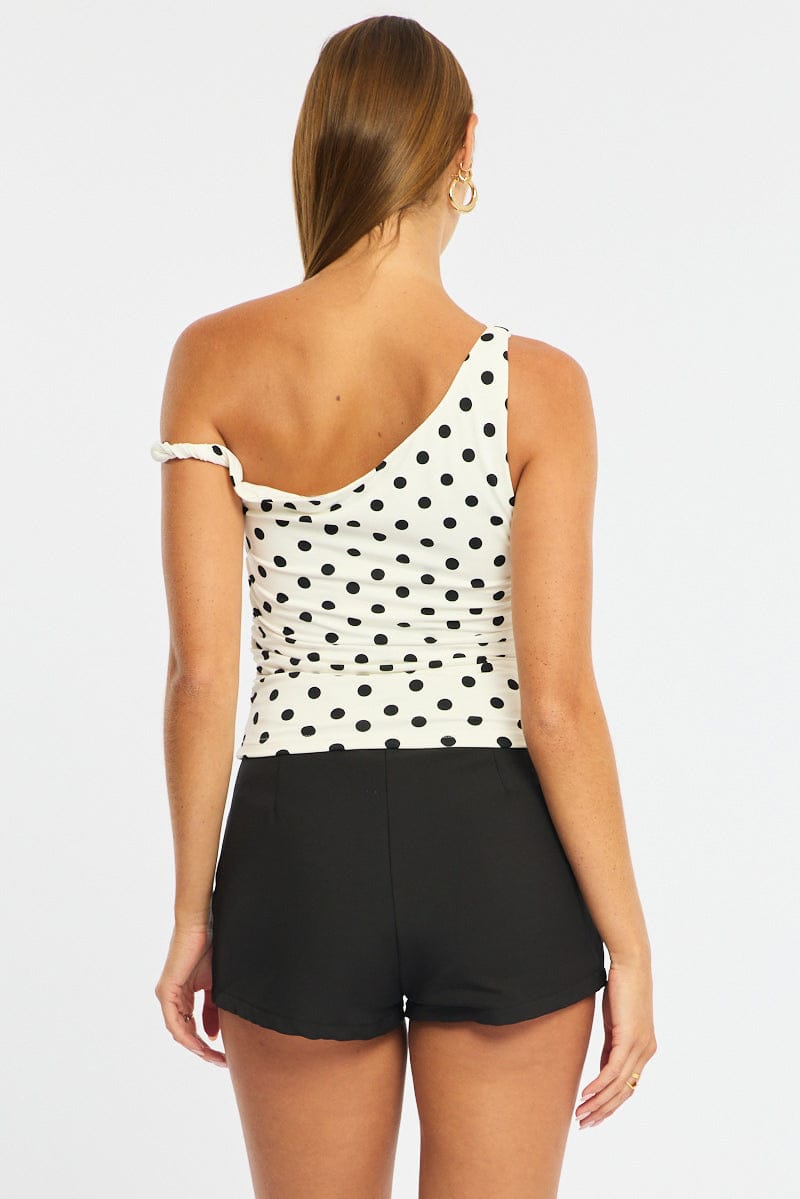 White Polka Dot One Shoulder Twist Top for Ally Fashion
