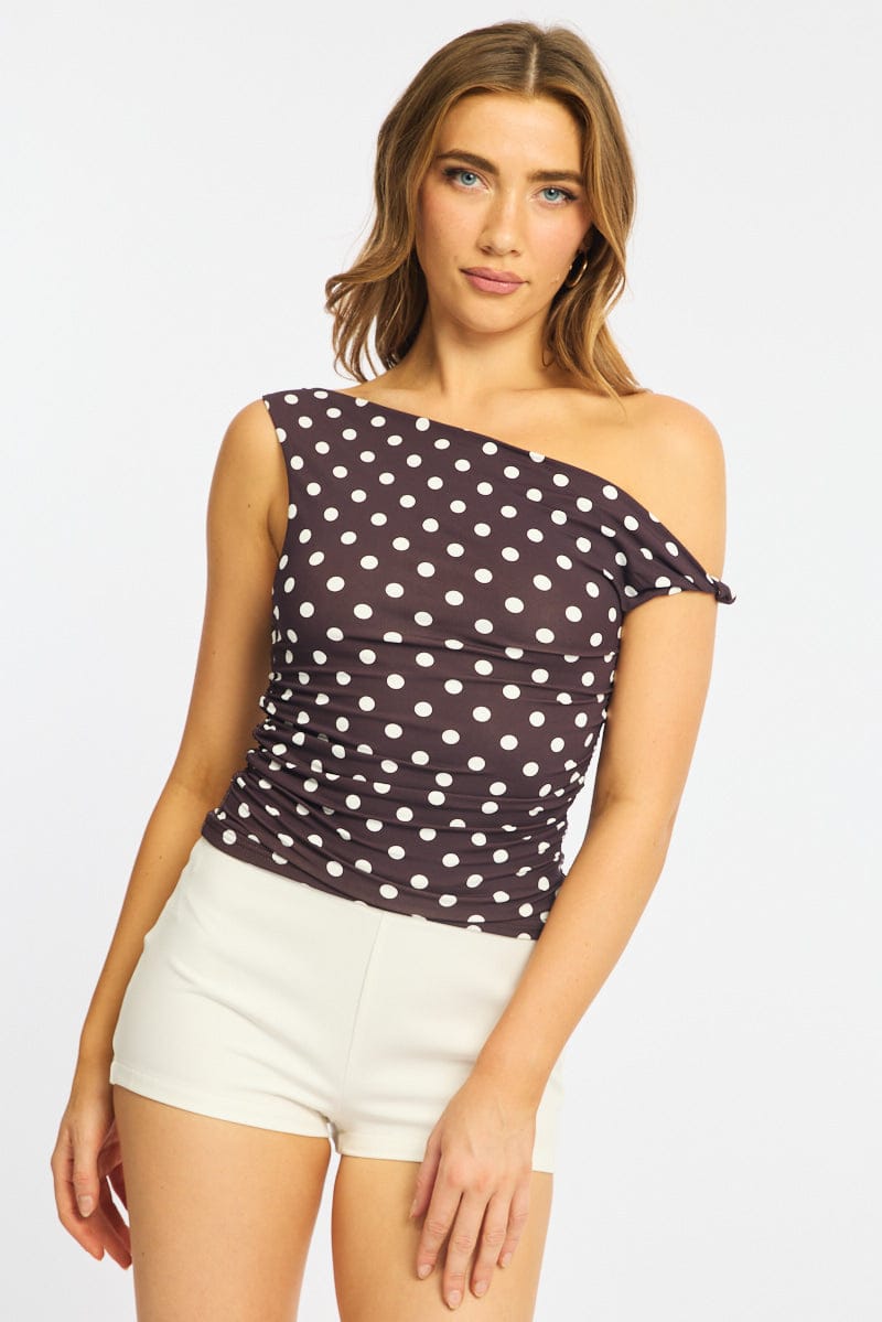 Brown Polka Dot One Shoulder Twist Top for Ally Fashion