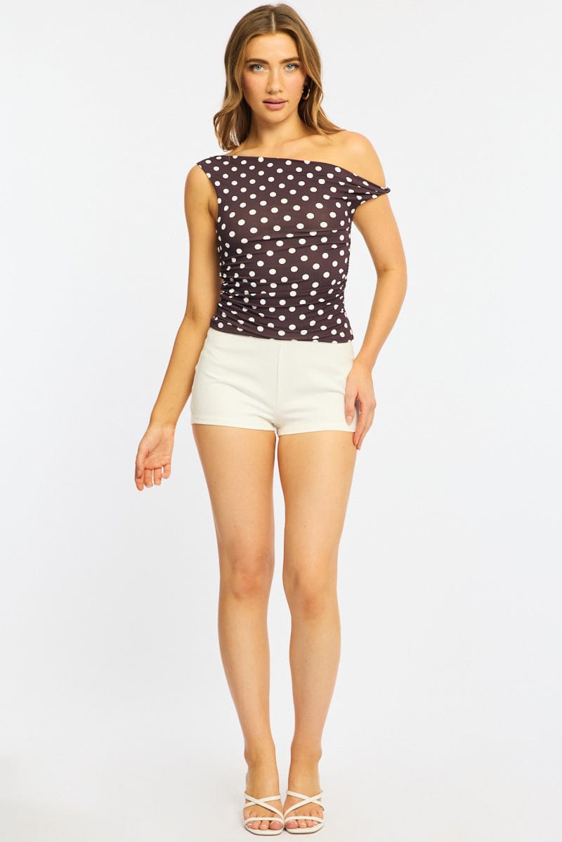 Brown Polka Dot One Shoulder Twist Top for Ally Fashion