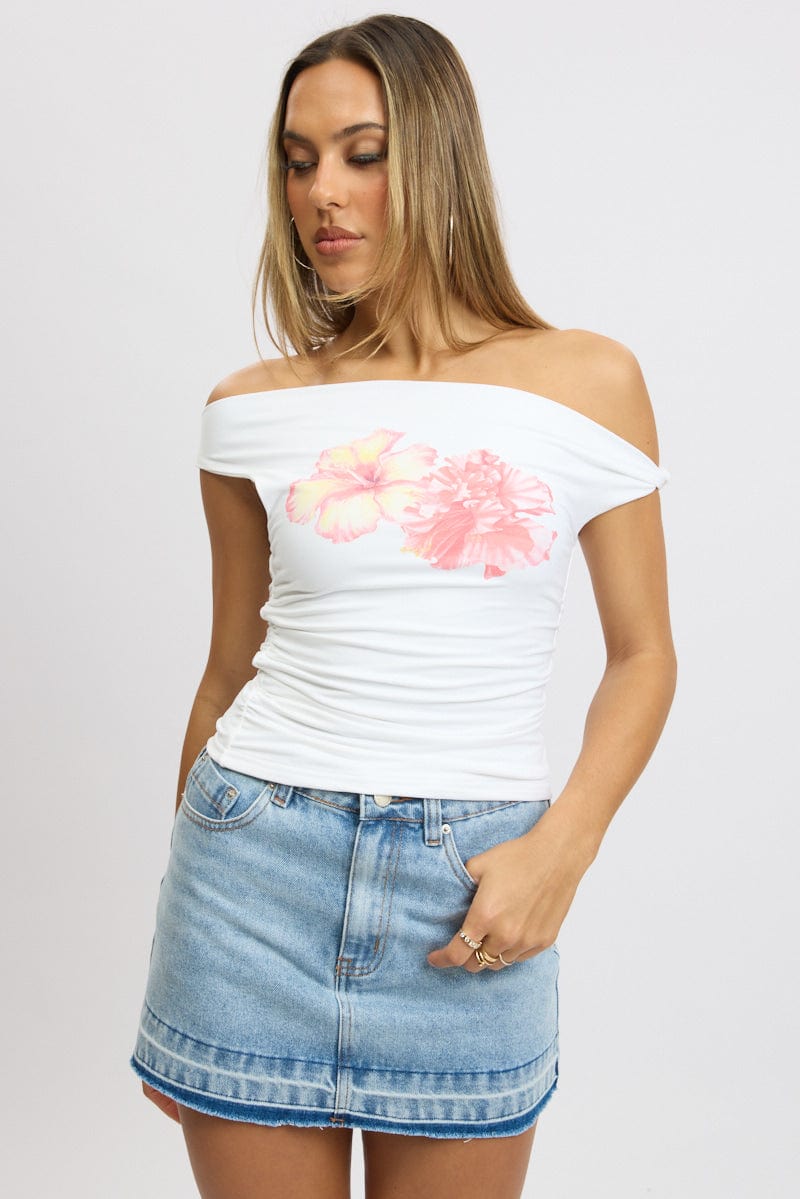 White Graphic Top Twist off Shoulder Supersoft for Ally Fashion