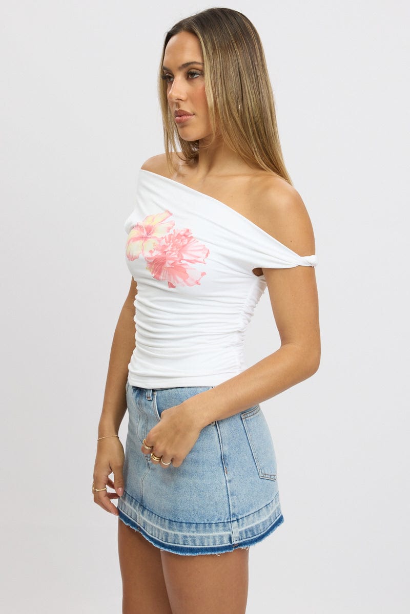 White Graphic Top Twist off Shoulder Supersoft for Ally Fashion