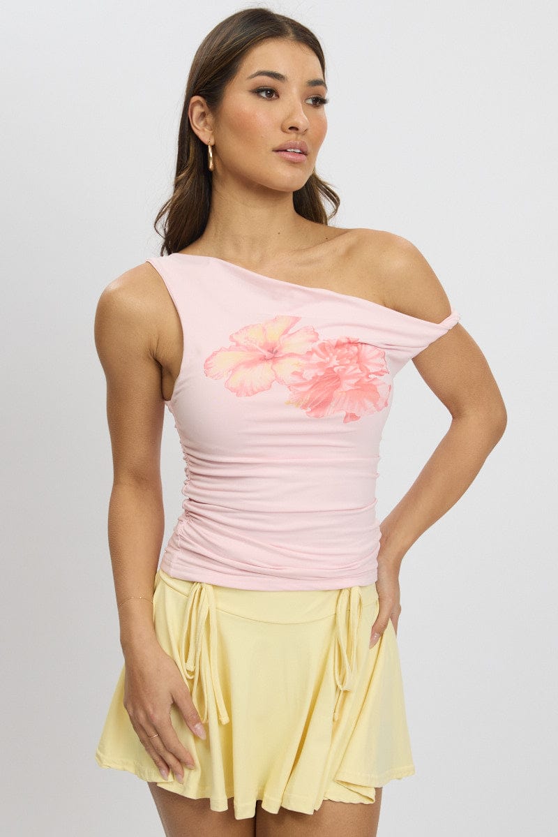 Pink Graphic Top Twist off Shoulder Supersoft for Ally Fashion