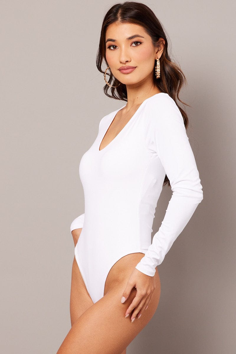 White Supersoft Bodysuit Long Sleeve V Neck for Ally Fashion
