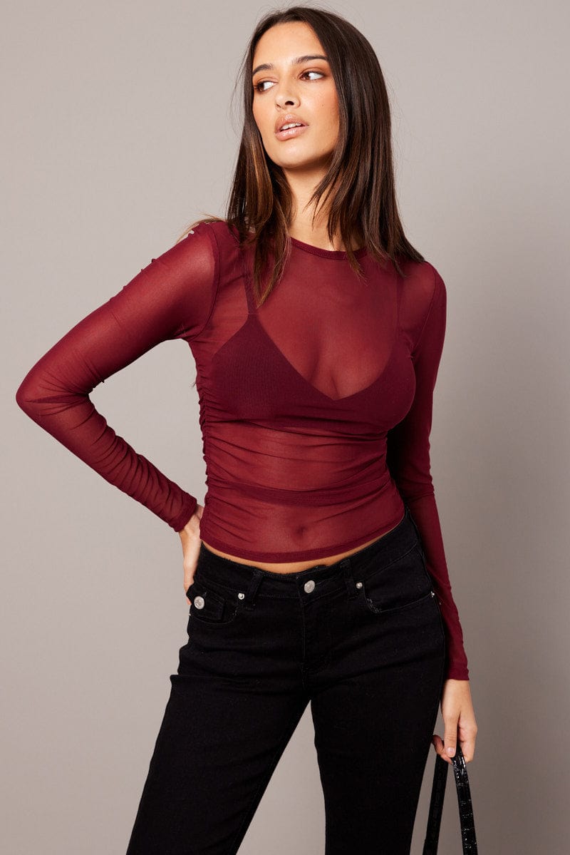 Red Mesh Top Long Sleeve Side Rushed for Ally Fashion
