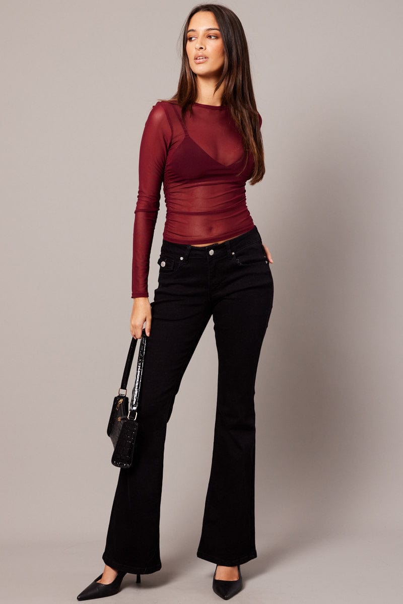 Red Mesh Top Long Sleeve Side Rushed for Ally Fashion