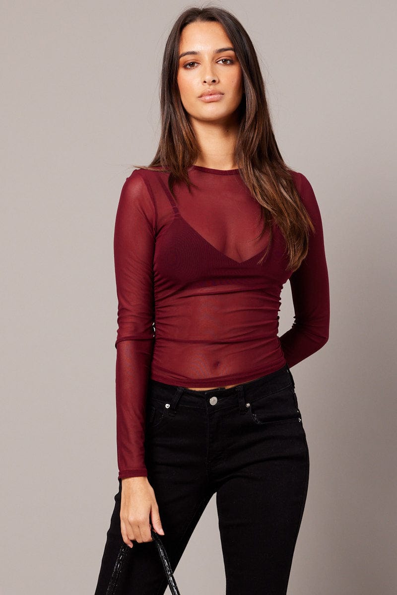 Red Mesh Top Long Sleeve Side Rushed for Ally Fashion