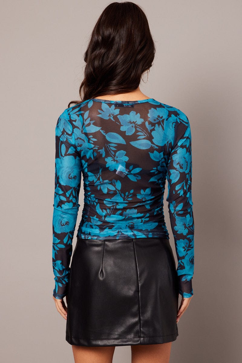 Blue Floral Mesh Top Long Sleeve Side Rushed for Ally Fashion