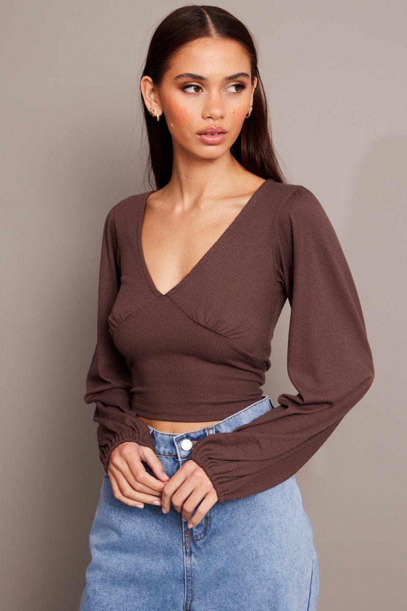 Brown Puff Sleeve Top Long Sleeve V Neck for Ally Fashion