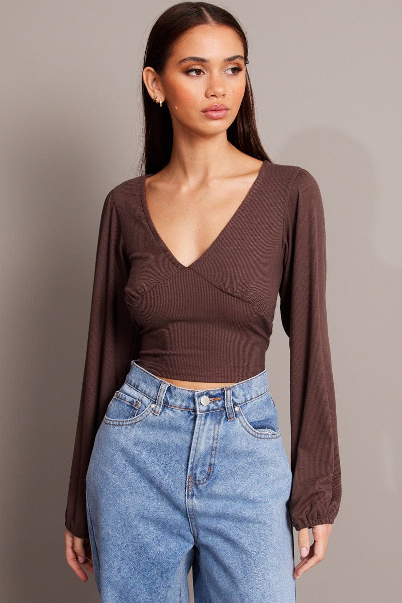 Brown Puff Sleeve Top Long Sleeve V Neck for Ally Fashion