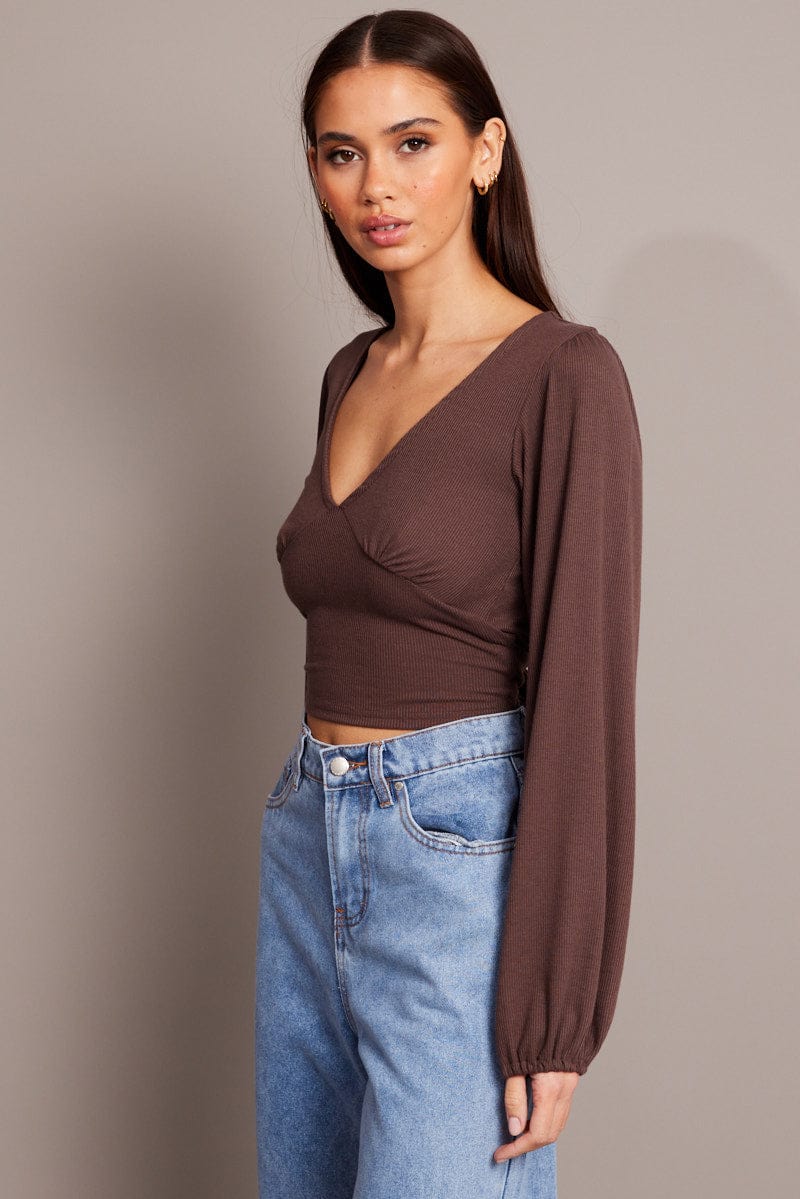 Brown Puff Sleeve Top Long Sleeve V Neck for Ally Fashion