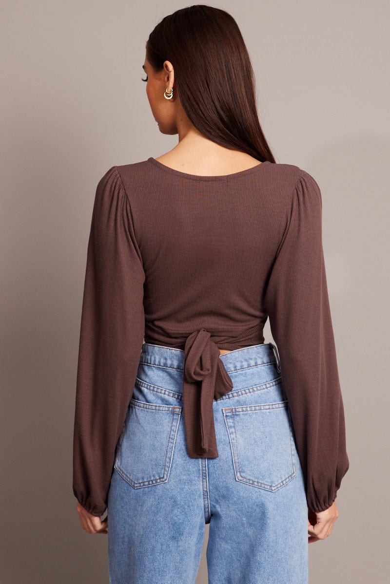 Brown Puff Sleeve Top Long Sleeve V Neck for Ally Fashion