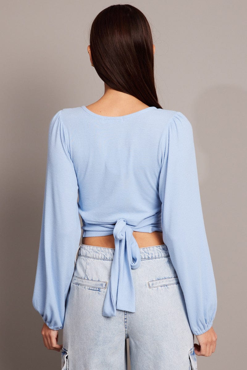 Blue Puff Sleeve Top Long Sleeve V Neck for Ally Fashion