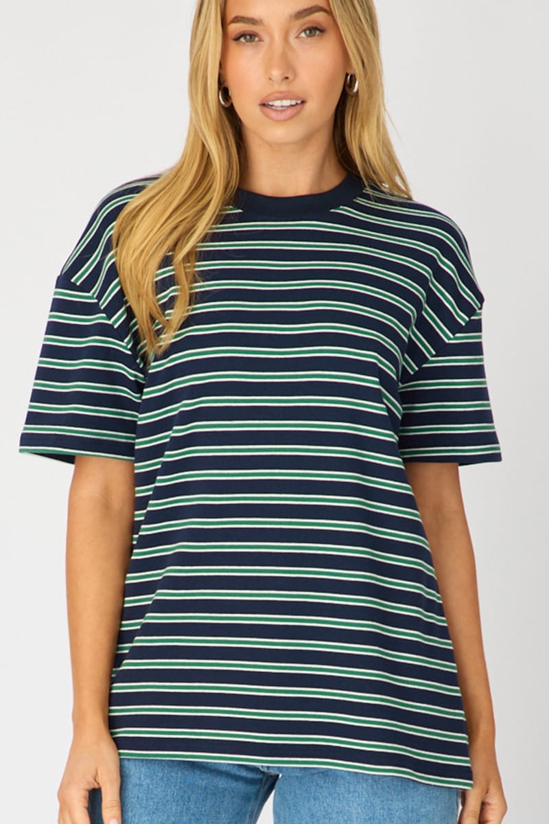 Green Stripe Oversized Tee Short Sleeve for Ally Fashion