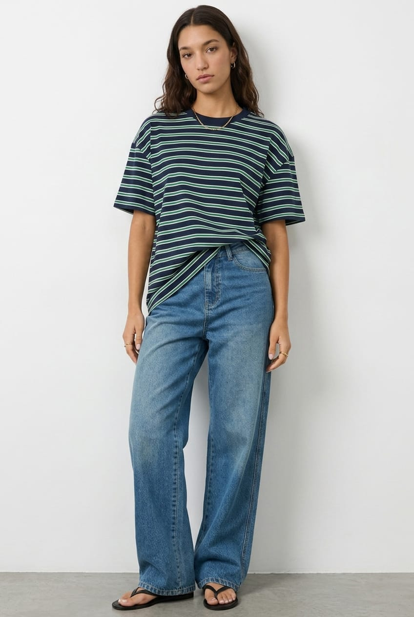 Green Stripe Oversized Tee Short Sleeve for Ally Fashion