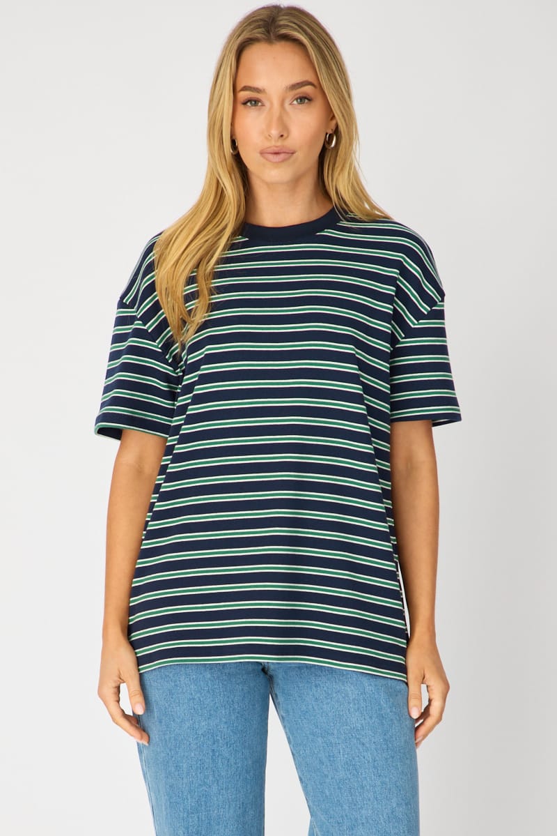 Green Stripe Oversized Tee Short Sleeve for Ally Fashion