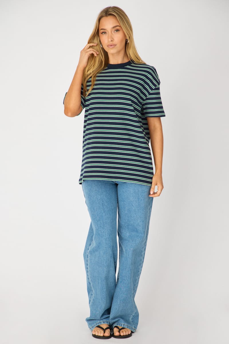 Green Stripe Oversized Tee Short Sleeve for Ally Fashion